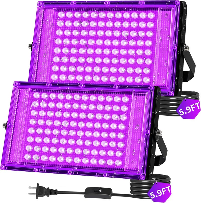 THECHAM Store 100W LED Black Lights IP66 Waterproof Black Light Outdoor with 5.9ft Plug+Switch,Flood Blacklight for Halloween Glow in The Dark Party Stage Light Neon Glow Birthday 2 Pack - Image 1